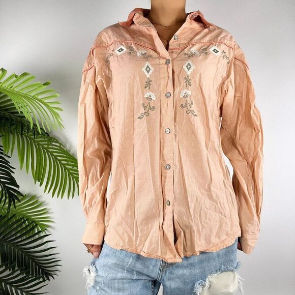 Vintage 90s Wrangler Pink Floral Plaid Cottagecore Western Button Up Shirt / S/M - Picture 3 of 6